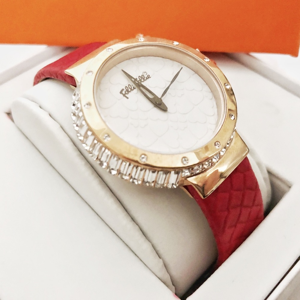 Folli Follie Gold with Crystals, Red Leather Watch